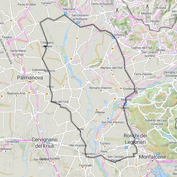 Miniatura della mappa di ispirazione al ciclismo "Tour in Bicicletta tra le Colline del Friuli" nella regione di Friuli-Venezia Giulia, Italy. Generata da Tarmacs.app, pianificatore di rotte ciclistiche