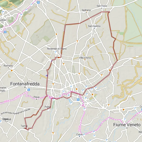 Miniaturní mapa "Gravelová cyklistická trasa okolo Tamai" inspirace pro cyklisty v oblasti Friuli-Venezia Giulia, Italy. Vytvořeno pomocí plánovače tras Tarmacs.app