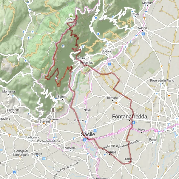 Miniatura della mappa di ispirazione al ciclismo "Avventura in Gravel da Tamai a Fontanafredda" nella regione di Friuli-Venezia Giulia, Italy. Generata da Tarmacs.app, pianificatore di rotte ciclistiche