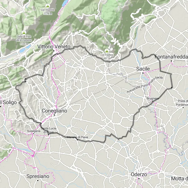 Miniatua del mapa de inspiración ciclista "Ruta de Ciclismo por Carretera desde Tamai" en Friuli-Venezia Giulia, Italy. Generado por Tarmacs.app planificador de rutas ciclistas