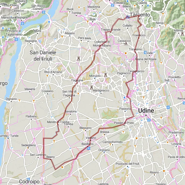 Miniatura della mappa di ispirazione al ciclismo "Giro in gravel da Zucco a Bueriis" nella regione di Friuli-Venezia Giulia, Italy. Generata da Tarmacs.app, pianificatore di rotte ciclistiche