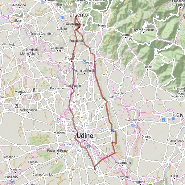 Mapa miniatúra "Gravel Route through Udine Hills" cyklistická inšpirácia v Friuli-Venezia Giulia, Italy. Vygenerované cyklistickým plánovačom trás Tarmacs.app