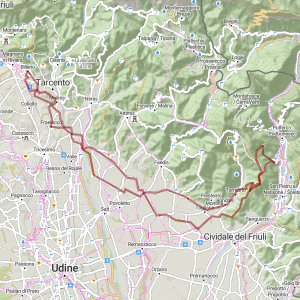 Kartminiatyr av "Grusvägar i bergen runt Tarcento" cykelinspiration i Friuli-Venezia Giulia, Italy. Genererad av Tarmacs.app cykelruttplanerare