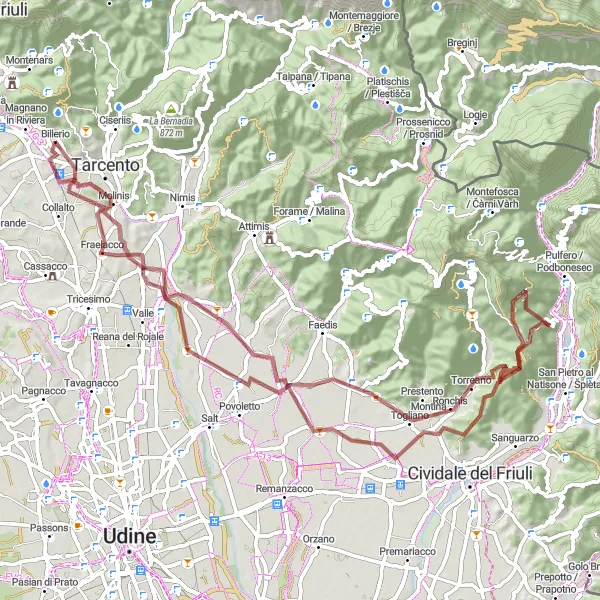 Zemljevid v pomanjšavi "Pustolovščina po slikovitih gozdnih poteh" kolesarske inspiracije v Friuli-Venezia Giulia, Italy. Generirano z načrtovalcem kolesarskih poti Tarmacs.app