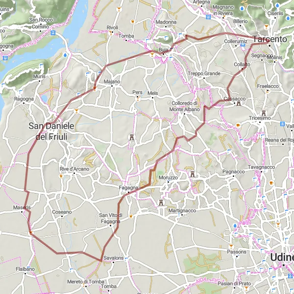 Miniaturní mapa "Gravelový okruh kolem Tarcento a Monte di Buja" inspirace pro cyklisty v oblasti Friuli-Venezia Giulia, Italy. Vytvořeno pomocí plánovače tras Tarmacs.app