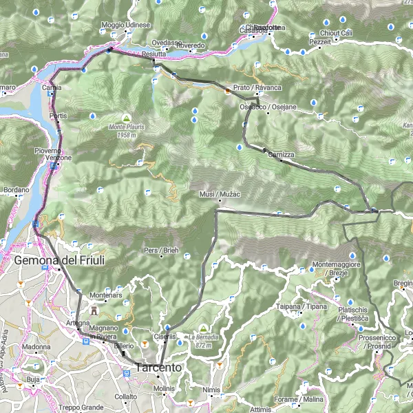 Kartminiatyr av "Utmanande landsväg till Monte Carnizza" cykelinspiration i Friuli-Venezia Giulia, Italy. Genererad av Tarmacs.app cykelruttplanerare