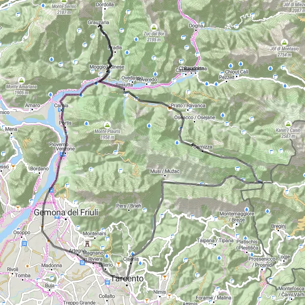 Mapa miniatúra "Historická jazda Karnijským pohoria" cyklistická inšpirácia v Friuli-Venezia Giulia, Italy. Vygenerované cyklistickým plánovačom trás Tarmacs.app