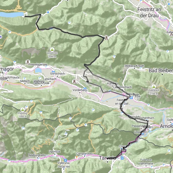 Miniaturní mapa "Cyklovýlet ze Tarvisia do La Pally" inspirace pro cyklisty v oblasti Friuli-Venezia Giulia, Italy. Vytvořeno pomocí plánovače tras Tarmacs.app