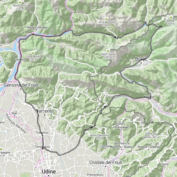 Karttaminiaatyyri "Tavagnacco - Bovec Road Cycling Route" pyöräilyinspiraatiosta alueella Friuli-Venezia Giulia, Italy. Luotu Tarmacs.app pyöräilyreittisuunnittelijalla