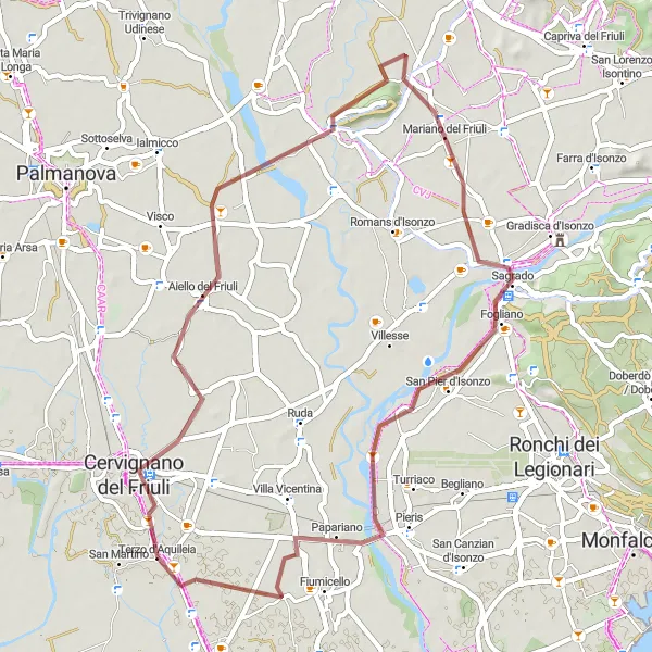 Mapa miniatúra "Gravelová jazda z Terzo d'Aquileia" cyklistická inšpirácia v Friuli-Venezia Giulia, Italy. Vygenerované cyklistickým plánovačom trás Tarmacs.app