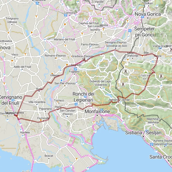 Miniaturní mapa "Gravelová cyklistická trasa od Terzo d'Aquileia" inspirace pro cyklisty v oblasti Friuli-Venezia Giulia, Italy. Vytvořeno pomocí plánovače tras Tarmacs.app