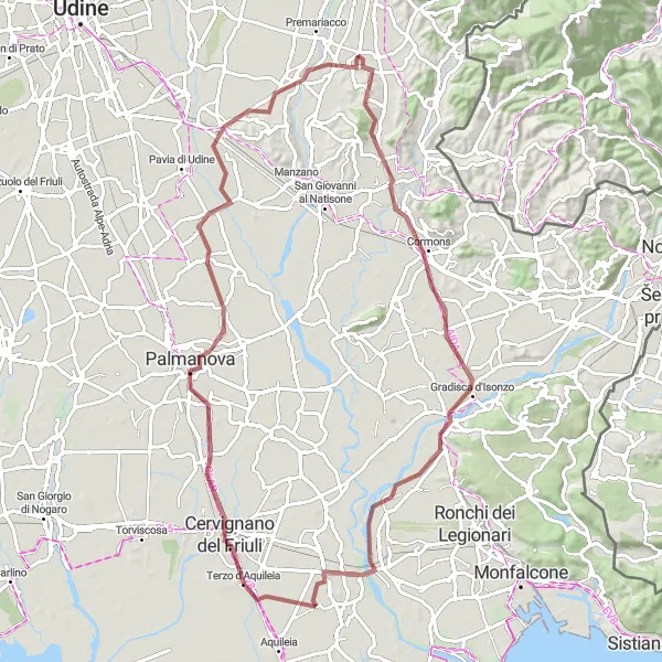 Kartminiatyr av "Grusvei eventyr fra Terzo d'Aquileia til Papariano" sykkelinspirasjon i Friuli-Venezia Giulia, Italy. Generert av Tarmacs.app sykkelrutoplanlegger