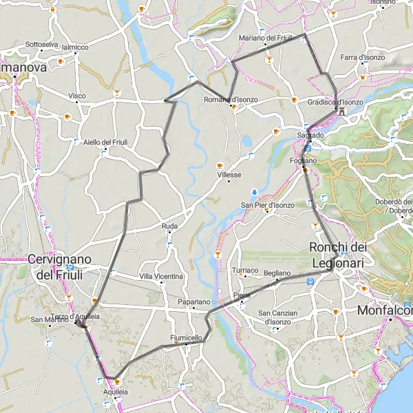 Zemljevid v pomanjšavi "Kulturna kolesarska pot po zgodovinskih mestih" kolesarske inspiracije v Friuli-Venezia Giulia, Italy. Generirano z načrtovalcem kolesarskih poti Tarmacs.app