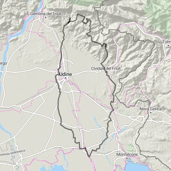 Miniaturní mapa "Náročná cyklistická trasa v okolí Terzo d'Aquileia" inspirace pro cyklisty v oblasti Friuli-Venezia Giulia, Italy. Vytvořeno pomocí plánovače tras Tarmacs.app