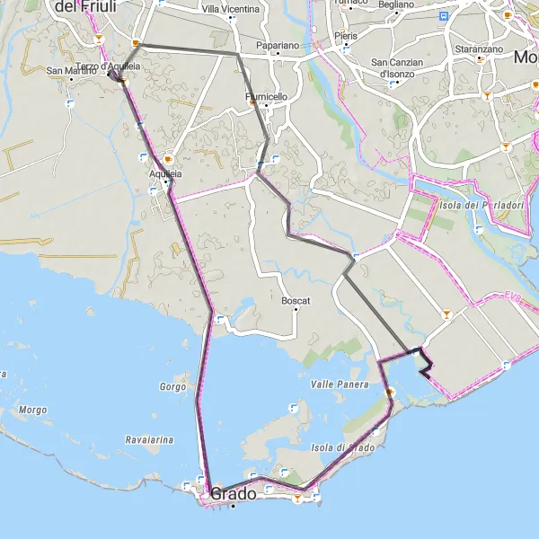 Mapa miniatúra "Cesta cez historické dedinky a prírodné krásy" cyklistická inšpirácia v Friuli-Venezia Giulia, Italy. Vygenerované cyklistickým plánovačom trás Tarmacs.app