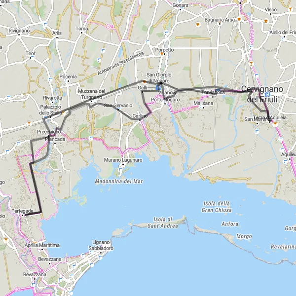 Miniaturní mapa "Cyklistická trasa kolem Terzo d'Aquileia" inspirace pro cyklisty v oblasti Friuli-Venezia Giulia, Italy. Vytvořeno pomocí plánovače tras Tarmacs.app