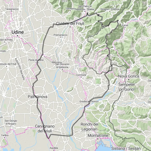 Kartminiatyr av "Rundtur fra Terzo d'Aquileia til Monte Barda" sykkelinspirasjon i Friuli-Venezia Giulia, Italy. Generert av Tarmacs.app sykkelrutoplanlegger