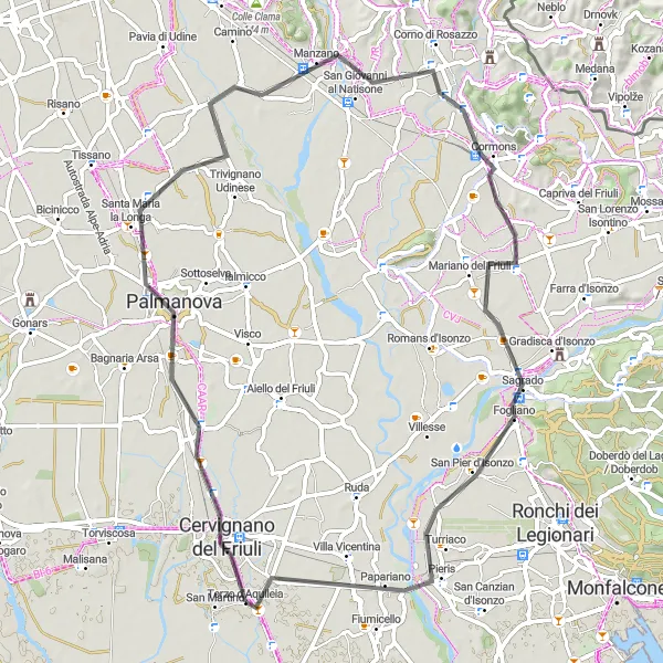 Mapa miniatúra "Cyklistická cesta cez vinice a malebné dedinky" cyklistická inšpirácia v Friuli-Venezia Giulia, Italy. Vygenerované cyklistickým plánovačom trás Tarmacs.app