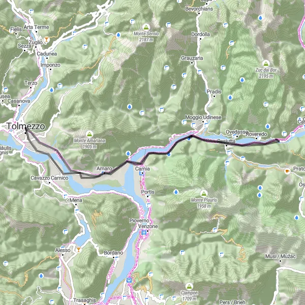 Map miniature of "Tolmezzo - Monte Somp-Pave - Resiutta - Monte Chichi - Pale dal Felet - Amaro" cycling inspiration in Friuli-Venezia Giulia, Italy. Generated by Tarmacs.app cycling route planner