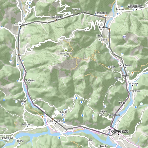 Miniatua del mapa de inspiración ciclista "Recorrido en carretera a través de Clap di Corbolan y Sella Valcalda" en Friuli-Venezia Giulia, Italy. Generado por Tarmacs.app planificador de rutas ciclistas