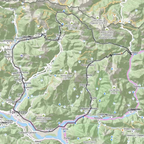 Miniatua del mapa de inspiración ciclista "Ruta de Ciclismo de Carretera por los Alpes Friulanos" en Friuli-Venezia Giulia, Italy. Generado por Tarmacs.app planificador de rutas ciclistas