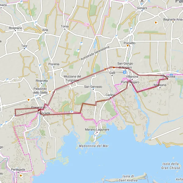 Mapa miniatúra "Cyklovýlet cez Carlino a Muzzana del Turgnano" cyklistická inšpirácia v Friuli-Venezia Giulia, Italy. Vygenerované cyklistickým plánovačom trás Tarmacs.app