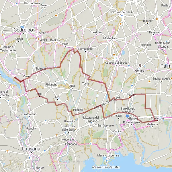 Mapa miniatúra "Gravelový výlet cez San Giorgio di Nogaro a Varmo" cyklistická inšpirácia v Friuli-Venezia Giulia, Italy. Vygenerované cyklistickým plánovačom trás Tarmacs.app