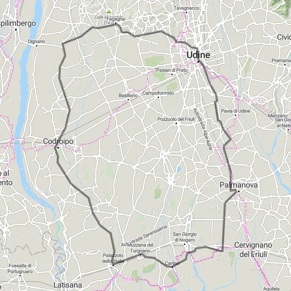 Mapa miniatúra "Cestný okruh plný kultúry a histórie" cyklistická inšpirácia v Friuli-Venezia Giulia, Italy. Vygenerované cyklistickým plánovačom trás Tarmacs.app