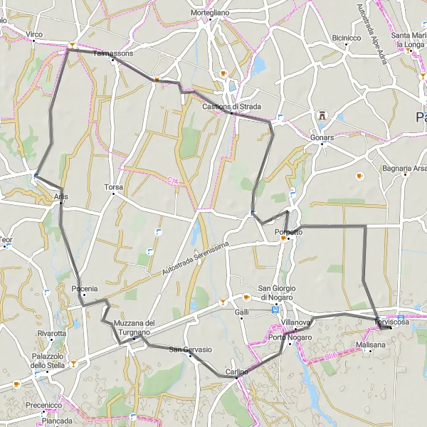 Miniatua del mapa de inspiración ciclista "Ruta de ciclismo de carretera Torviscosa - Muzzana del Turgnano - Pocenia - Castions di Strada - Torviscosa" en Friuli-Venezia Giulia, Italy. Generado por Tarmacs.app planificador de rutas ciclistas