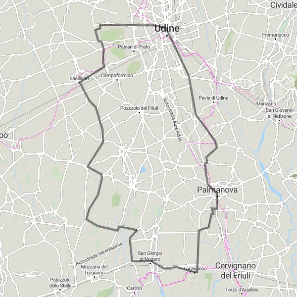 Karttaminiaatyyri "Udine - Torviscosa Road Cycling Route" pyöräilyinspiraatiosta alueella Friuli-Venezia Giulia, Italy. Luotu Tarmacs.app pyöräilyreittisuunnittelijalla