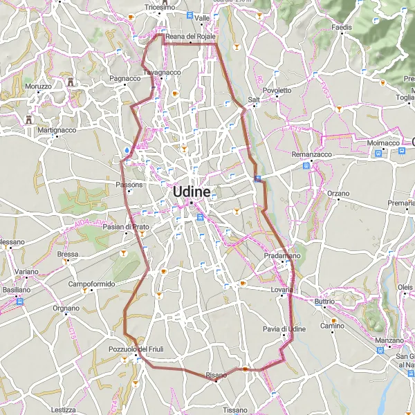 Map miniature of "Gravel route through Reana del Rojale, Pradamano, Pozzuolo del Friuli, and Tavagnacco" cycling inspiration in Friuli-Venezia Giulia, Italy. Generated by Tarmacs.app cycling route planner