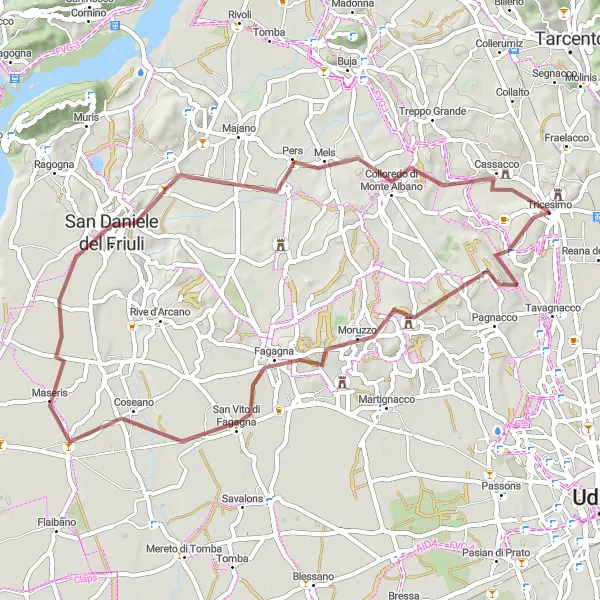 Miniatura della mappa di ispirazione al ciclismo "Esplorazione gravel da Tricesimo a Cassacco" nella regione di Friuli-Venezia Giulia, Italy. Generata da Tarmacs.app, pianificatore di rotte ciclistiche