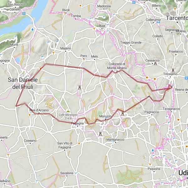 Map miniature of "Moruzzo - San Daniele del Friuli - Colloredo di Monte Albano - Tricesimo Gravel Route" cycling inspiration in Friuli-Venezia Giulia, Italy. Generated by Tarmacs.app cycling route planner