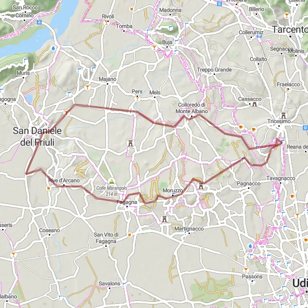 Miniatura della mappa di ispirazione al ciclismo "Percorso gravel da Tricesimo a San Daniele del Friuli" nella regione di Friuli-Venezia Giulia, Italy. Generata da Tarmacs.app, pianificatore di rotte ciclistiche