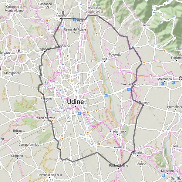 Kartminiatyr av "Udine Hills Loop" cykelinspiration i Friuli-Venezia Giulia, Italy. Genererad av Tarmacs.app cykelruttplanerare