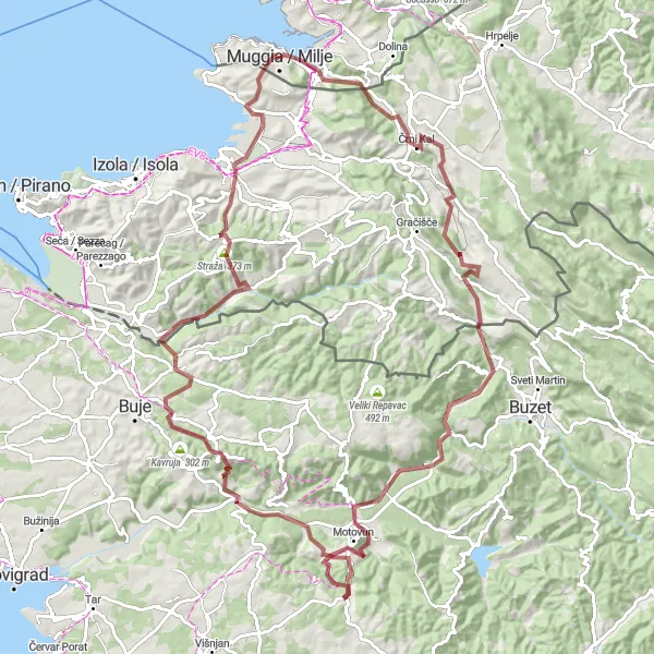 Kartminiatyr av "Grusvei eventyr rundt Trieste og Istriakysten" sykkelinspirasjon i Friuli-Venezia Giulia, Italy. Generert av Tarmacs.app sykkelrutoplanlegger