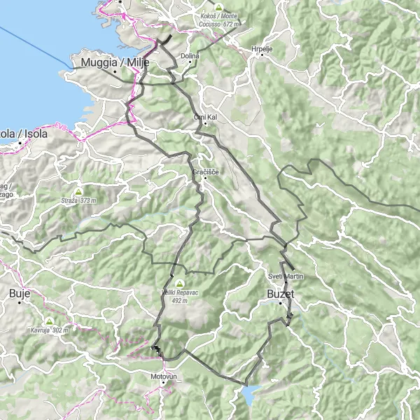 Miniatuurkaart van de fietsinspiratie "Avontuurlijke fietstocht van Črni Kal naar Monte Castiglione" in Friuli-Venezia Giulia, Italy. Gemaakt door de Tarmacs.app fietsrouteplanner