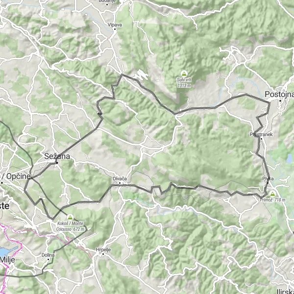Zemljevid v pomanjšavi "Raznolika cestna pot Sežana - Pivka - Monte Gaia" kolesarske inspiracije v Friuli-Venezia Giulia, Italy. Generirano z načrtovalcem kolesarskih poti Tarmacs.app