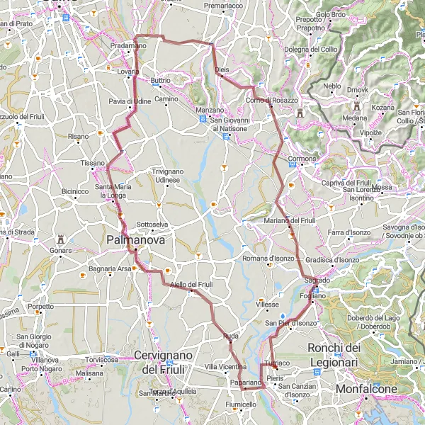 Miniatura della mappa di ispirazione al ciclismo "Avventura in Gravel tra Udine e Gorizia" nella regione di Friuli-Venezia Giulia, Italy. Generata da Tarmacs.app, pianificatore di rotte ciclistiche