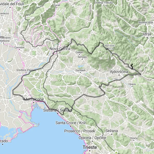 Miniatura della mappa di ispirazione al ciclismo "Alla scoperta di Nova Gorica e dintorni" nella regione di Friuli-Venezia Giulia, Italy. Generata da Tarmacs.app, pianificatore di rotte ciclistiche