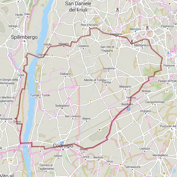 Miniatua del mapa de inspiración ciclista "Aventura en grava hasta Codroipo y Ponte della Delizia" en Friuli-Venezia Giulia, Italy. Generado por Tarmacs.app planificador de rutas ciclistas