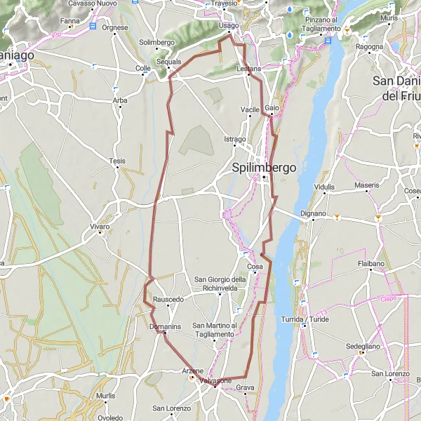 Miniaturní mapa "Gravel Route from Valvasone" inspirace pro cyklisty v oblasti Friuli-Venezia Giulia, Italy. Vytvořeno pomocí plánovače tras Tarmacs.app