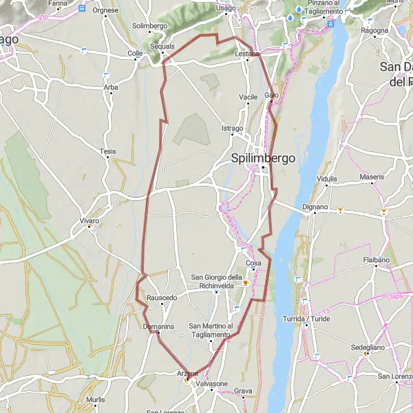 Miniaturní mapa "Okruh kolem Valvasone po šotolinové cestě" inspirace pro cyklisty v oblasti Friuli-Venezia Giulia, Italy. Vytvořeno pomocí plánovače tras Tarmacs.app