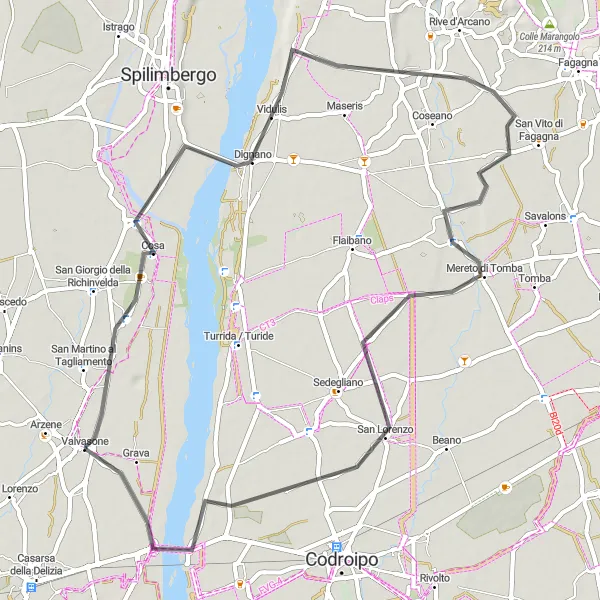 Kartminiatyr av "Vägcykling till Ponte della Delizia" cykelinspiration i Friuli-Venezia Giulia, Italy. Genererad av Tarmacs.app cykelruttplanerare