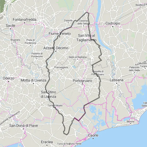 Miniatuurkaart van de fietsinspiratie "Wegtocht naar Azzano Decimo" in Friuli-Venezia Giulia, Italy. Gemaakt door de Tarmacs.app fietsrouteplanner