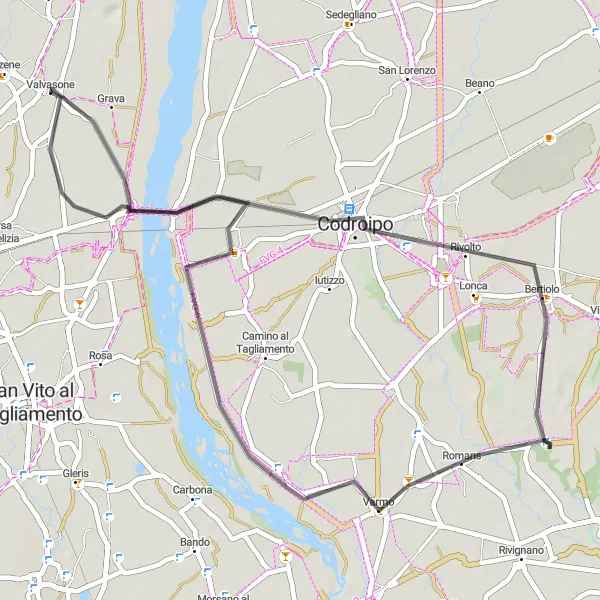 Miniaturní mapa "Silniční okruh Valvasone a okolí" inspirace pro cyklisty v oblasti Friuli-Venezia Giulia, Italy. Vytvořeno pomocí plánovače tras Tarmacs.app