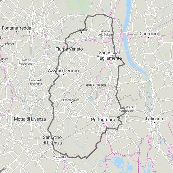 Miniaturní mapa "Valvasone - Zoppola Loop" inspirace pro cyklisty v oblasti Friuli-Venezia Giulia, Italy. Vytvořeno pomocí plánovače tras Tarmacs.app