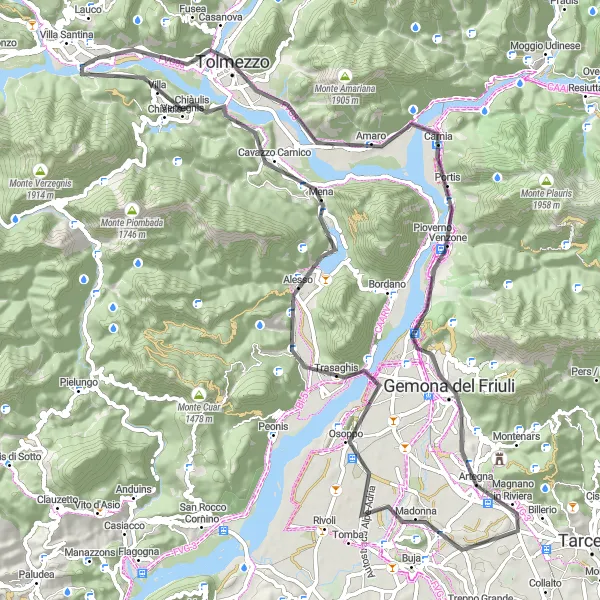 Miniaturní mapa "Cyklistický okruh kolem Tolmezza" inspirace pro cyklisty v oblasti Friuli-Venezia Giulia, Italy. Vytvořeno pomocí plánovače tras Tarmacs.app