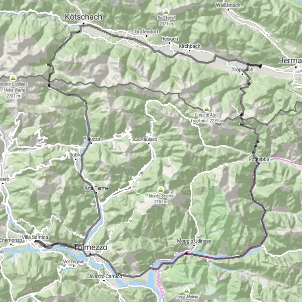 Miniatua del mapa de inspiración ciclista "Ruta de los Alpes Julianos en carretera" en Friuli-Venezia Giulia, Italy. Generado por Tarmacs.app planificador de rutas ciclistas