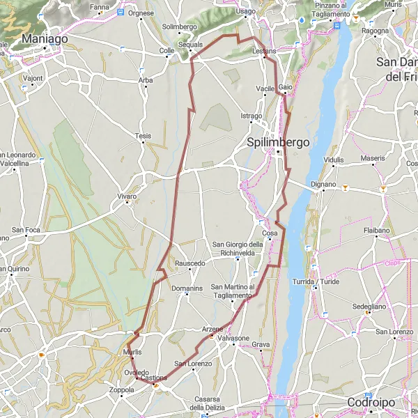 Miniatua del mapa de inspiración ciclista "Aventura extrema en grava cerca de Zoppola" en Friuli-Venezia Giulia, Italy. Generado por Tarmacs.app planificador de rutas ciclistas